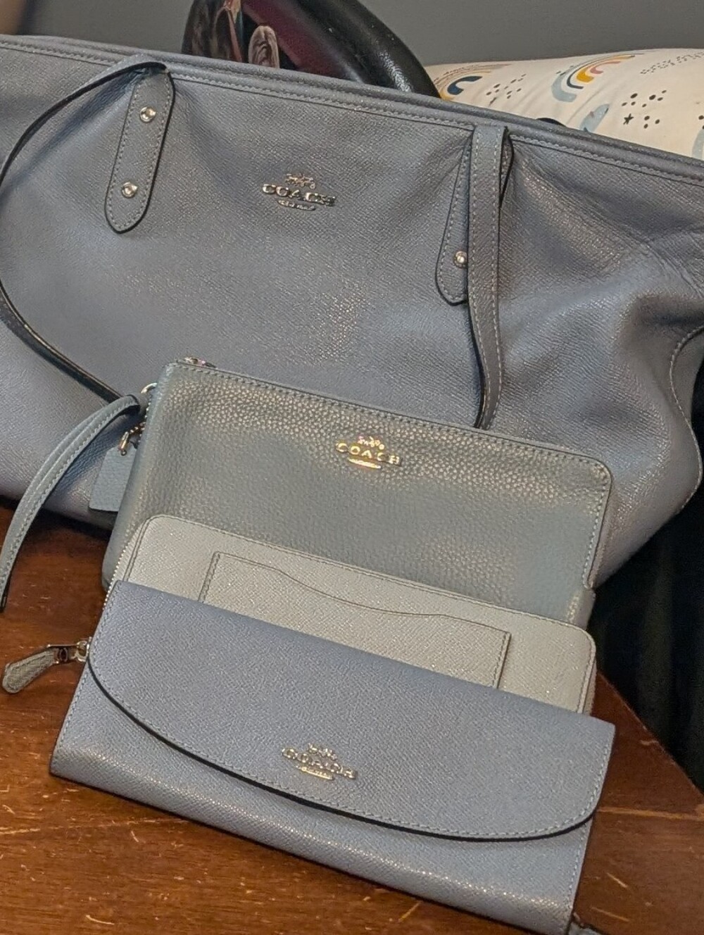Coach Slate Blue Leather Tote with Matching Wallets